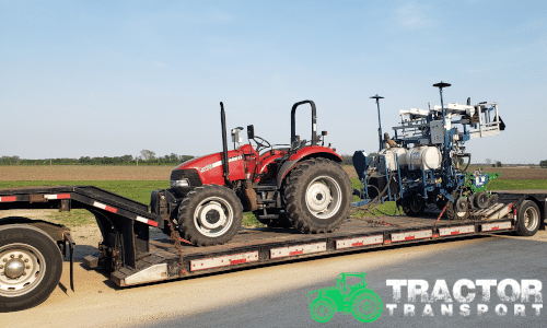 Transporting a CASE IH tractor on a lowboy trailer