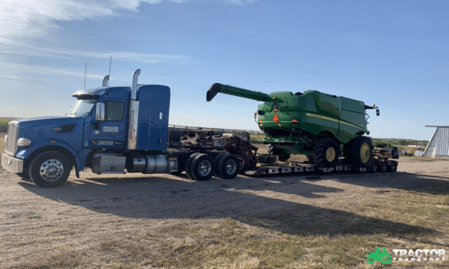 Transporting a combine on a lowboy trailer